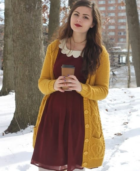 This cardigan is everything. Length is great, it's nice and chunky, long sleeves, pockets. I want it! The dress is nice too, Peter pan collar and the color is great. -Jessy W. Maroon And Mustard Yellow Outfits, Simple Casual Fall Outfits, Mustard Cardigan Outfit Fall, Cute Winter Work Outfits, Dress And Cardigan, Mustard Cardigan, Modcloth Style Gallery, Yellow Cardigan, Warm Dresses