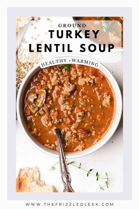 Cozy up with a bowl of this flavorful and hearty turkey lentil soup. It’s gluten free and made in one pot with green lentils, ground turkey, bacon, and diced tomatoes. The perfect lunch and dinner recipe. Ground Turkey Lentil, Vegetarian Tomato Soup, Turkey Lentil Soup, Turkey Lentil, Butternut Squash Salad, French Lentils, Healthy Soups, Homemade Soup Recipe, Squash Salad