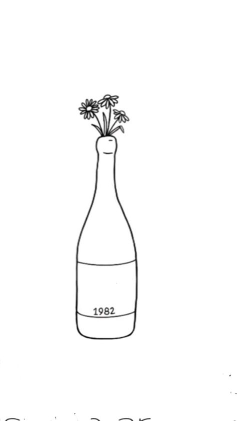 Coke Bottle Tattoo Outline, Wine Bottle Tattoo Design, Wine Bottle With Flowers Tattoo, Wine Drawing Aesthetic, Wine Inspired Tattoo, Fine Line Wine Tattoo, Grapejuice Harry Tattoo, Bottle Of Wine Tattoo, Strawberry Wine Tattoo