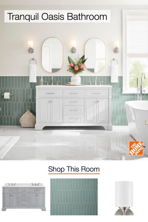 Create an art-deco inspired bathroom with help from The Home Depot. With a variety of inviting yet functional décor, we have everything you need to transform your bath from traditional to tranquil. Tap to shop now. Home Depot Bathroom Remodel, Home Depot Bathroom Tile, Beauty Interior Design, Home Depot Bathroom, Modern Bathroom Interior, Home Decor Bathroom, Bathroom Redesign, Bathroom Shop, Bathroom Inspiration Decor