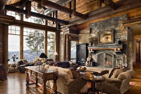 Gorgeous rustic decor.  The view out the window doesn't hurt either.  Love the coziness of this room, despite the size, you feel like it would be very comfortable.  http://celebrateanddecorate.com/sunday-style-a-lake-house/ Rustic Interior Decor, Cabin Interior Design, Log Cabin Interior, Interior Design Per La Casa, Interior Design Rustic, Cabin Interiors, Rustic Home Design, Cabin Living, House Decor Rustic