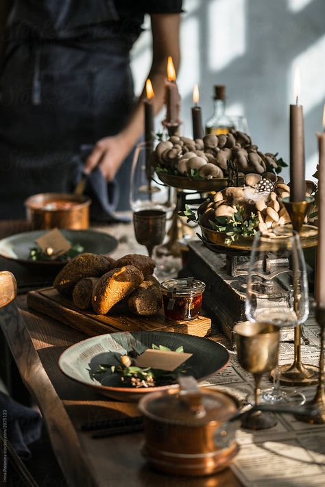 Food Dining Table, Dark Academia Table Setting, Dining Table Photography, Rustic Dinner Table, Rustic Dinner, Table Setting Photography, Rustic Tablescape, Dinner Table Photography, Table Photography