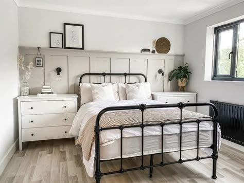 Metal Bed With Accent Wall, Board And Batten Wall Guest Bedroom, Black White Guest Bedroom, Style Above Bed, Dresser With Floating Shelves Above, Small Master Bedrooms Decor Farmhouse, Clever Apartment Ideas, Summer Cottage Bedroom, Black Board And Batten Bedroom