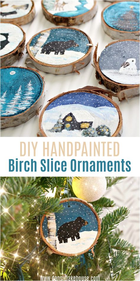 DIY Hand Painted Birch Slice Ornaments. Love birch slice crafts and birch slice ornaments? Learn how to make these painted birch slice ornaments. The perfect birch slices decor for Christmas! These hand made birch slice ornaments are one or a kind and I'll share all of my tips for painting these cute wintry scenes. Birch wood slice ornaments add a rustic touch to any tree and birch slice tree ornaments are easy and inexpensive to make. Find more DIY birch slice ornaments tutorials on the blog. Stamping On Wood Slices, Ornament Tradition, Cookie Crafts, Maud Lewis, Cookie Ornaments, Wood Cookie, Christmas Specials, Christmas Bazaar, Wood Cookies