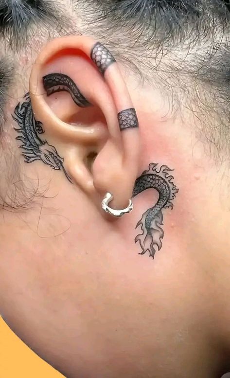 Dragon Tattoos Behind The Ear, Back Of Ear Snake Tattoo, Below Ear Tattoo, Dragon Ear Tattoo, Snake Ear Tattoo, Tiny Dragon Tattoo Behind Ear, Earlobe Tattoo, Dragon Tattoo Ear, Small Behind Ear Tattoo