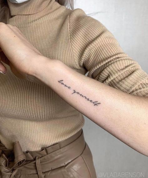 Forearm Word Tattoo, Tattoo Sentences, Word Tattoos On Arm, Tattoo Word Fonts, Small Words Tattoo, Phrase Tattoos, Tattoo Spots, Small Pretty Tattoos, Writing Tattoos