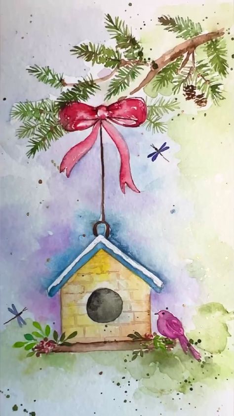 A Christmas birdhouse #fyp #watercolorpainting #tiktokartist #holidayseason2023 #TikTokshop Christmas Birdhouse, Professional Art Supplies, Art Tutorials Watercolor, Art Painting Tools, Christmas Card Art, Diy Watercolor Painting, Watercolor Tree, Watercolor Christmas Cards, Watercolor Paintings Easy