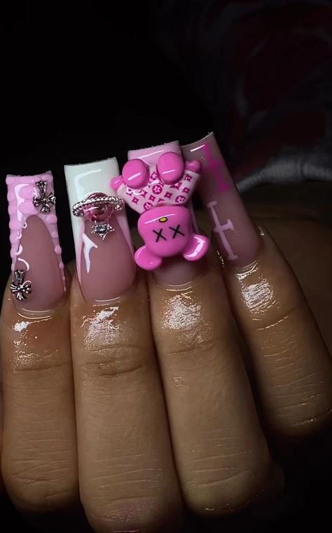 Hello Kitty Acrilyc Nails, Valentines Day Nail Set, Cute Pink Nails, Acrylic Nail Set, Hard Nails, Diy Acrylic Nails, Colored Acrylic Nails, Cute Acrylic Nail Designs, French Tip Acrylic Nails