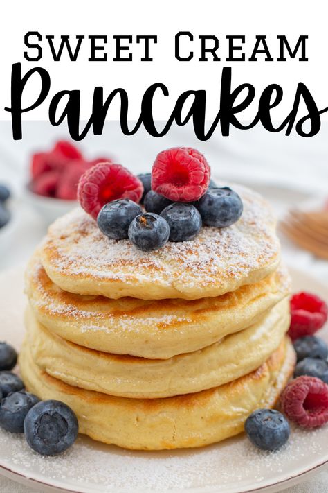 If you like pancakes... You're going to absolutely LOVE Sweet Cream Pancakes! Sweet Cream gives these pancakes a light and rich texture. Recipe makes 18-20 4 inch pancakes. #sweetcreampancakes #bestbreakfast Moist Pancakes, Sweet Cream Pancakes, Sweet Cream Pancakes Recipe, Pancakes Recipe Easy, Pancake Mix Recipe, Cream Pancakes, French Toast Waffles, Delicious Pancakes, Best Pancake Recipe