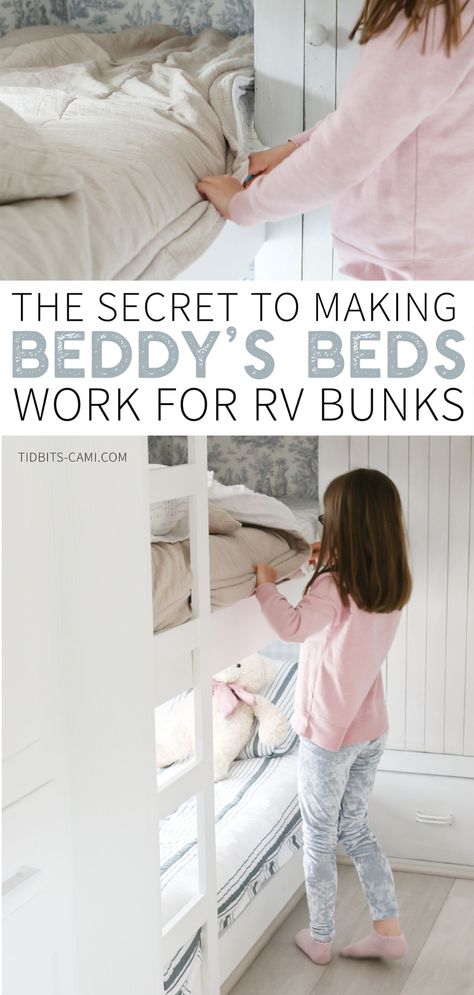 Our secret DIY hack for making Beddy's Beds work in RV's, especially on more narrow RV bunk beds - because Beddy's Beds is the only bunk bedding that won't make you a crazy mama! #rvbedding #rvbunks #rvbunkbeds #beddysbeds #beddys #beddy's #camitidbits #tidbitsonwheels #zipperedbedding #bunkbeds #bunkbedbedding Bunk Bedding, Camper Bunk Beds, Rv Bunk Beds, Beddys Bedding, Rv Bedding, Bed For Girls Room, Camper Redo, Zipper Bedding, Sleeping Porch