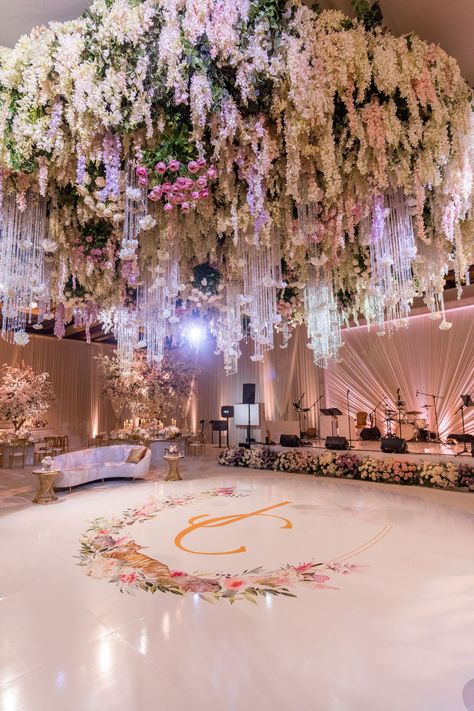 Ballroom Wedding Venue Ideas, Floral Quinceanera Theme, Royal Wedding Decor, Fairytale Quince, Wedding Venue Flowers, Debut Themes, Reception Dance Floor, Wedding Reception Dance, Wedding Reception Dance Floor