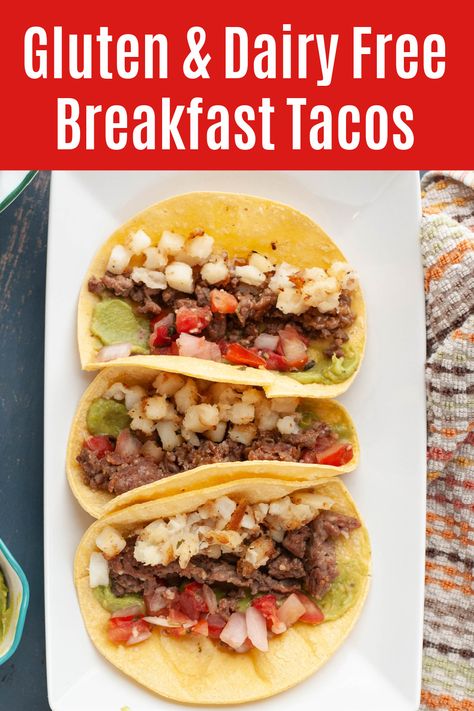 For breakfast (or dinner!) these delicious breakfast tacos are gluten and dairy free making sure everyone can get their taco on! With customizable toppings and fillings, the sky is the limit. Whether you have food restrictions or not, these tacos are scrumptious. There’s even a vegan option as well! We recommend starting with at least three tacos and working your way up from there. Breakfast recipe by AllergyAwesomeness.com Gluten Dairy Free Breakfast, Allergy Friendly Dinner, Allergy Friendly Breakfast, Gluten Free Dairy Free Breakfast, Vegan Crumble, Tacos Vegan, Breakfast Taco, Dairy Free Breakfast, Dairy Free Recipe