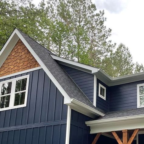 constructabilityhomes on May 27, 2022: "Landscaping details to finish out the week 🌸🏡🌺 #toadhall #constructabilityhomes #newco..." Dark Slate Blue House Exterior, Midnight Blue Board And Batten Siding, Slate Blue House Exterior Black Trim, Downing Slate Sherwin Williams Exterior, Slate Blue Barndominium Exterior, Bunkie Ideas, Navy Houses, Street House, Petrol Blue