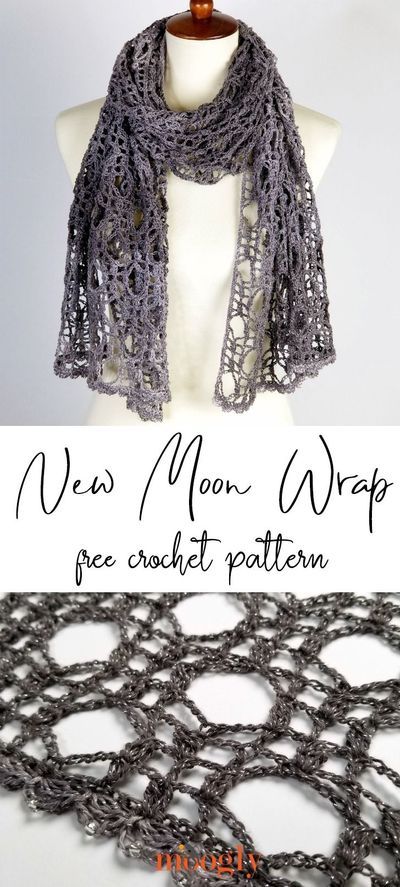 The New Moon Wrap is a light, delicate, and sparkly shawl full of crochet lace! Made in cottony Red Heart Croquette it's a joy to wear and show off! Get the free crochet pattern on Moogly! #freecrochet #freepatterns #crochetshawls #crochetwraps #redheartyarns #yarnspirations Crochet Lace Scarf Pattern, Crochet Lace Scarf, Crochet Wrap Pattern, Crochet Scarf Pattern, Crochet Scarf Pattern Free, Crochet Shawl Pattern Free, Crochet Abbreviations, Crochet Shawls And Wraps, Shawl Patterns