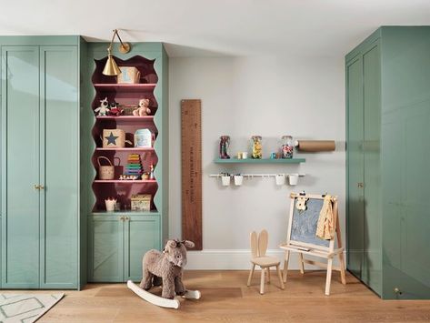 Blockhouse Build on Instagram: "Another section of the playroom." Blockhouse Build, Corner Bookcase, Kids And Parenting, Trees To Plant, Ladder Decor, Bookcase, Entryway, Shelves, Building