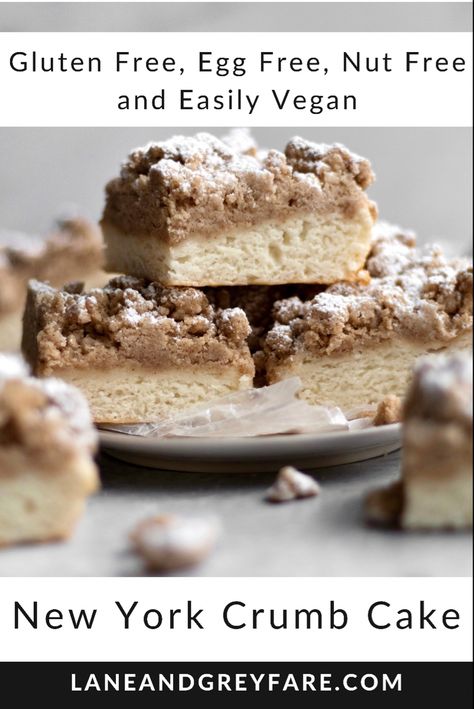 Straight on picture of classic New York style crumb cake. Vegan Crumb Cake, Gluten Free Crumb Cake, Egg Free Gluten Free Dessert, New York Crumb Cake, Banana Crumb Cake, Gf Treats, Vegan Bars, Egg Free Desserts, Egg Free Cakes