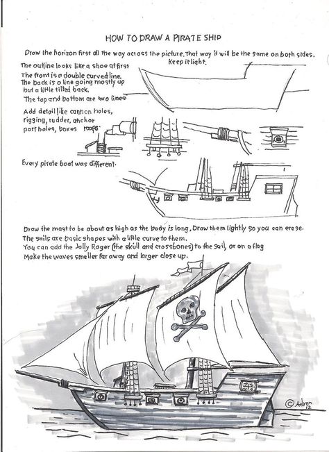 1000+ ideas about Ship Drawing on Pinterest | Pirate Ship Drawing ... Draw A Pirate Ship, Pirate Ship Drawing, Art Handouts, Draw Easy, Pirate Art, Art Worksheets, Ship Drawing, Homeschool Art, Poses References