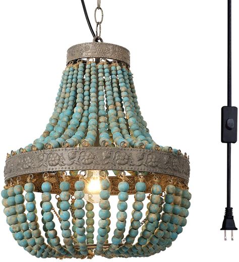 Newrays Wood Bead Chandelier Pendant Blue Finishing Bohemian Boho Beachy Ceiling Lamp Light Fixtures, Plug in - - Amazon.com Wooden Bead Chandelier, Retro Ceiling Lights, Bead Chandelier, Wood Bead Chandelier, Handcrafted Lamp, Handmade Chandelier, Wooden Chandelier, Boho Beachy, Stained Glass Lamps