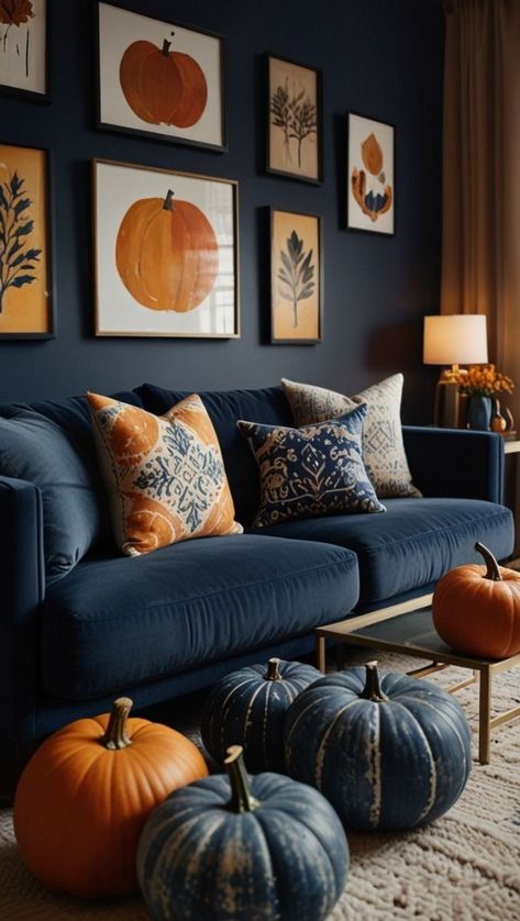 Lemon Living Room, Light Blue Living Room, Brown And Blue Living Room, Blue Fall Decor, Indigo Walls, Blue Bedspread, Navy Blue Throw Pillows, Autumn Room, Thanksgiving Decor Ideas