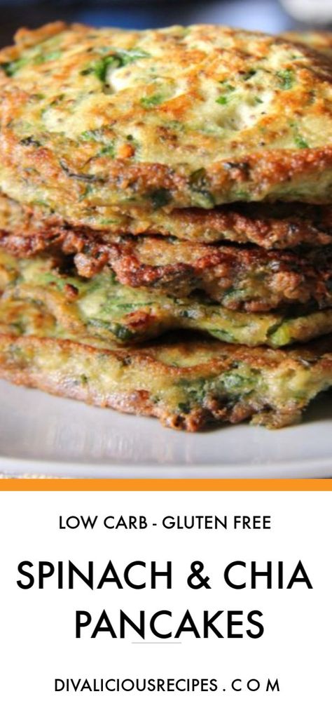 Savoury low carb pancakes with spinach, chia seeds & coconut flour    #lowcarb #pancakes #chiaseeds #keto #grainfree #coconutflour Breakfast Savory, Coconut Flour Pancakes, Low Carb Pancakes, Low Carb Low Fat Recipes, Chia Seed Recipes, Boiled Egg Diet Plan, Keto Vegan, Boiled Egg Diet, Low Sugar Recipes