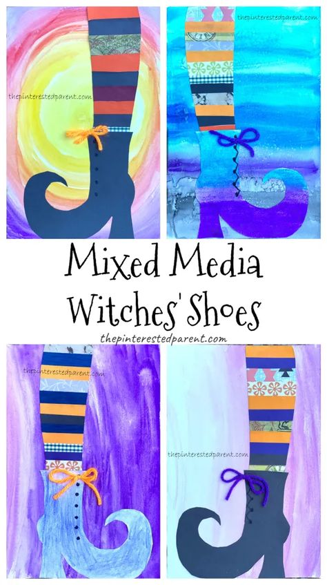 Mixed Media Witches' Shoes – The Pinterested Parent Pumpkin Patch Art, Halloween Art Lessons, Making Decorations, Halloween Art Projects, Witch Shoes, October Crafts, Fall Arts And Crafts, Fall Art Projects, Classroom Art Projects