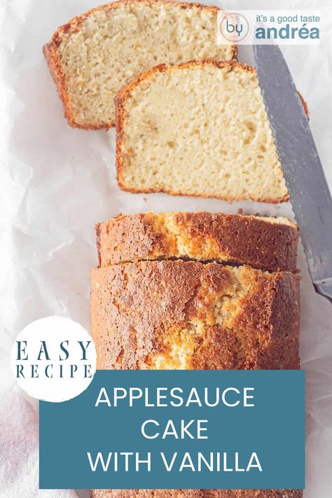 A photo from above of a cake, where two slices have been cut off and are lying loose. A text: easy recipe: Apple sauce cake with vanilla Cake Without Butter, Easy Baking Recipe, Easy Applesauce, Cakes Without Butter, Comforting Recipes, Last Crumb, Light Cake, Fall Appetizers, Applesauce Cake