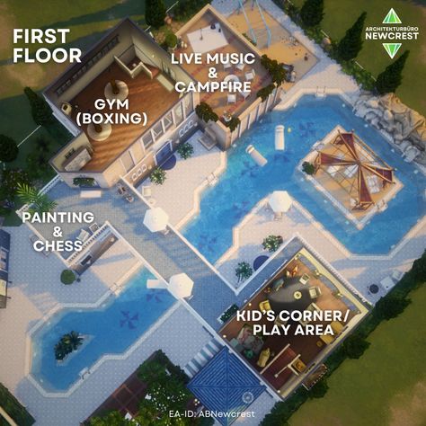 🍋 Riviera Family Pool & Gym 🍋 [swipe for floorplan] So this is the first build with the new Sims 4 Riviera Retreat kit. I will also post a reel with my favourite items from this one. 🧘 Pool type lot 🛋 Fully furnished 🍀 Functional & playtested 🏘 Basegame & Riviera Retreat ✅ No CC 📐 40x30 It's in the gallery. EA-ID: ABNewcrest 🌿 #thesims4 #sims #simstagram #showusyourbuids #sims4story Sims 4 Public Pool Ideas, Sims 4 Gym Layout, Sims 4 Pool Lot, Sims 4 Public Pool, Sims Pool, Retro Boho Bedroom, Sims 4 Gym, Sims 4 Pool, Family Pool