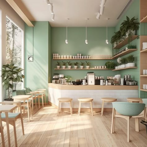 A cafe in a minimalist style, mint-colored walls, natural wood furniture, a pleasant, calm atmosphere for a cup of coffee Best Cafe Design Ideas, Mint Green Cafe Interior, New Cafe Design, Coffee Shop Wood Design, Green Cafe Interior Design, Coffee Shop Green Design, Green Coffee Shop Design, Cafe Interior Design Colorful, Green And Pink Coffee Shop