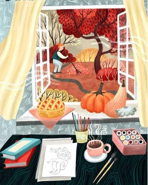 Autumn Window, Window Illustration, Tea Illustration, Fall Art Projects, Autumn Illustration, Fall Feels, Autumn Painting, Hello World, Window Art