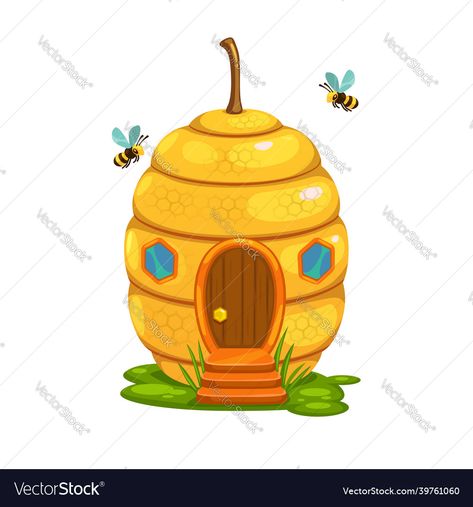 Beehive Drawing, Honey Bee Swarm, Cartoon Fairy, Porch Stairs, Wood Porch, Bee Swarm, House Cartoon, Bee House, House Illustration