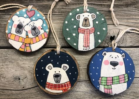 Wooden Christmas Decorations Wood Ornaments Easy Diy, Wood Slab Christmas Ornaments, Polar Bear Ornaments Diy, Painted Wood Discs Christmas Ornament, Christmas Hand Painted Ornaments, Round Wooden Ornaments Diy, Hand Painted Wood Slice Ornaments, Wooden Ornaments Painted, Painted Wood Ornaments Christmas