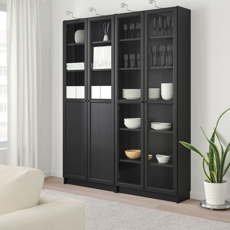 IKEA - BILLY / OXBERG Bookcase with panel/glass doors black-brown, Ikea Billy Oxberg, Billy Oxberg Bookcase, Oxberg Bookcase, Billy Oxberg, Crockery Unit Design, Ikea Canada, Glass Bookcase, Ikea Inspiration, Glass Display Case