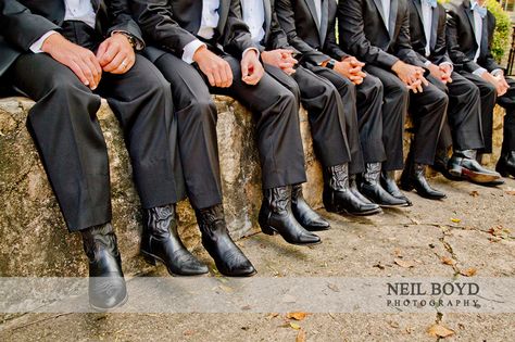 Black cowboy boots for groom and groomsman.  Country wedding. Neil Boyd Photography. Suit And Cowboy Boots, Suit With Cowboy Boots, All Black Tuxedo, Cowboy Groom, Trendy Wedding Shoes, Black Cowboy Boots Outfit, Cowboy Boots Men, Wedding Cowboy Boots, Fall Wedding Outfits