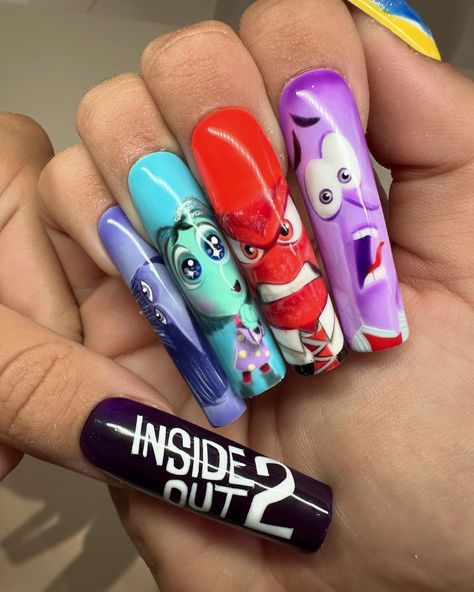 INSIDE OUT 2 nails .. photo dump🧠🌈☁️ Which emotion do you relate to the most???? Swipe for a closer look of the thumbs👉🏼👉🏼👉🏼 #insideout2 #disney #pixar #disneynails #insideoutnails #explore #handpainted #nailart #disneypressons #emotions Inside Out Nails, Pixar Nails, Nails Photo, Disney Nail, Inside Out 2, Disney Nails, Cute Nail Designs, Fake Nails, Photo Dump