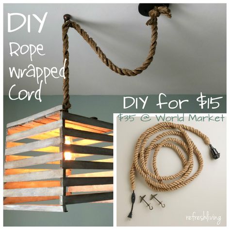 DIY Rope Wrapped Pendant Cord Farmhouse Style Lighting, Diy Lights, Diy Pendant Light, Rope Pendant Light, Pendant Light Kit, Rope Diy, Farmhouse Light Fixtures, Swag Light, Cord Cover