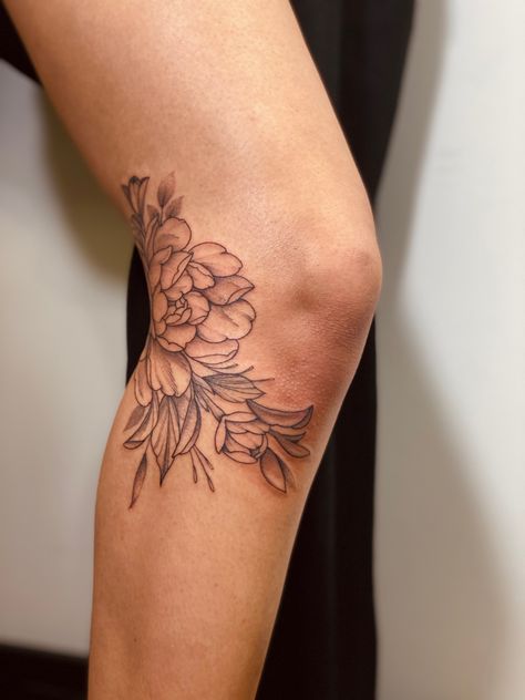 Two Shoulder Tattoos, Side Of Knee Flower Tattoo, Nature Shin Tattoo, Side Of Shin Tattoo, Inside Leg Tattoos Women, Linework Arm Tattoo, Magnolia Leg Tattoo, Upper Hamstring Tattoo, Flowers Above Knee Tattoo