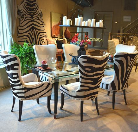 Zebra Dining Room Chairs, Zebra Dining Room, Animal Print Furniture, Zebra Chair, Curtains Decor, Animal Print Decor, African Home Decor, Printed Chair, Settee