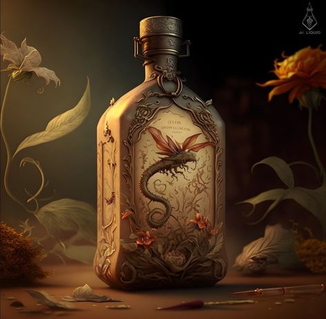 #Fantasy #ai-art #magic #witchcraft #potion #bottle #enchanted Fantasy Wine Bottle, Fantasy Alcohol, Magic Objects, Imaginary Art, Fantasy Map Making, Magic Bottles, Magical Accessories, Art Magic, Food Fantasy