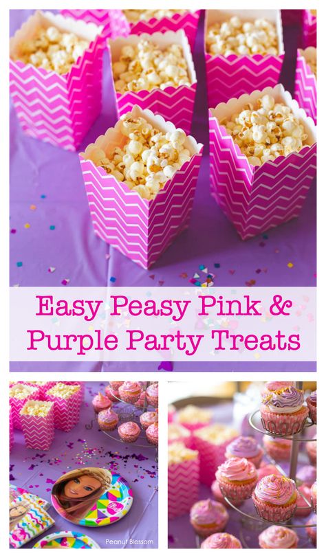 Pink and purple party treats for a Barbie birthday party. This simple party menu is perfect for keeping the focus on fun with just a simple light snack to keep them energized! #partytreats #celebratewithbarbie #birthdaypartyfood #birthdaypartysnacks Barbie Birthday Theme, Barbie Bday Party, Pink Purple Party, Barbie Birthday Ideas, Barbie Birthday Party Ideas, Barbie Bday, Barbie Party Ideas, Barbie Party Decorations, Birthday Barbie