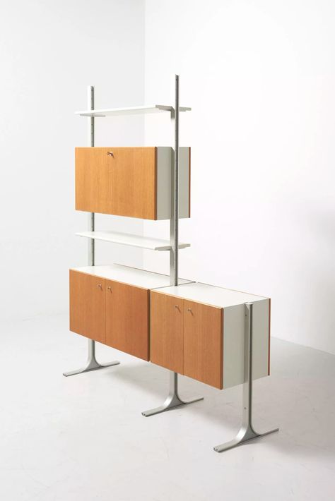 A freestanding shelving unit 1960s — design — Modest Furniture Freestanding Shelving, Teak Doors, Plywood Diy, Wall Shelf Unit, 1960s Design, Vintage Bookshelf, Furniture Details Design, Furniture Board, Shelving Systems