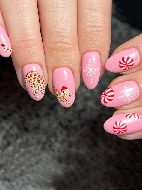 Upgrade Your Look With 24pcs Long Almond Shape Pink Christmas Design Simple & Everyday Wear Manicure Kit Leopard Print, Christmas Hat, Snowflake, Christmas Ball. Suitable For Parties, Dances & Daily Wear | SHEIN USA Press On Nails Tips, Nyc Nails, Christmas Manicure, Nagel Tips, Nails Tips, Nail Type, Snowflake Nails, Manicure Kit, Colourful Balloons