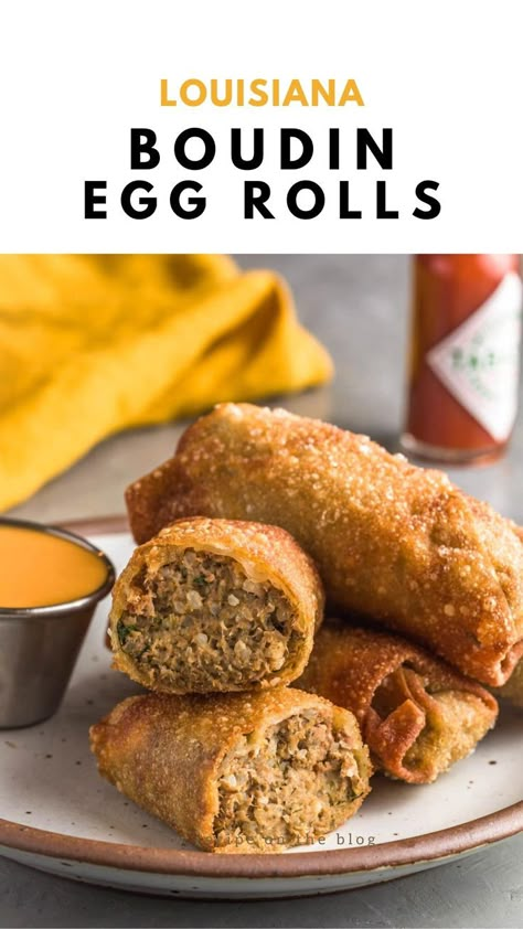 Boudin Balls Recipe Dipping Sauces, Chicken Boudin Recipe, Boudin Egg Rolls Recipe, Jambalaya Egg Rolls, Homemade Boudin Recipes, How To Fold Egg Rolls, Recipes With Boudin, Voodoo Rolls Recipe New Orleans, Cajun Egg Rolls