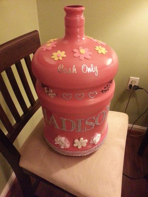 After- 5 Gallon Water jug - Childs bank How To Decorate A 5 Gallon Water Jug, 4 Gallon Water Jug Projects, Decorated Water Jugs, 5 Gallon Water Jug Ideas Diy, 5 Gallon Water Bottle, Gallon Water Jug, Water Bottle Crafts, Diy Storage Rack, Gallon Water Bottle