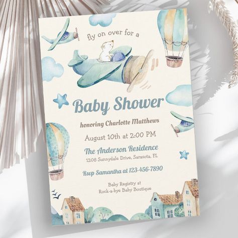 Meet and Greet Boy Baby Shower Invitation Storybook Illustration, Baby Boy Invitations, Storybook Theme, Aviation Theme, Puffy Clouds, Boy Shower Invitations, Bear Invitations, Baby Bear Baby Shower, Boy Baby Shower