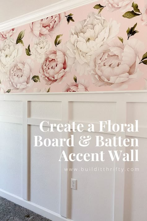 Accent Wall Girls Bedroom, Girls Bedroom Accent Wall, Accent Wall Floral, Board Batten Accent Wall, Girl Floral Bedroom, Floral Accent Wall, Batten Accent Wall, Girls Bedroom Wallpaper, Nursery Accent Wall