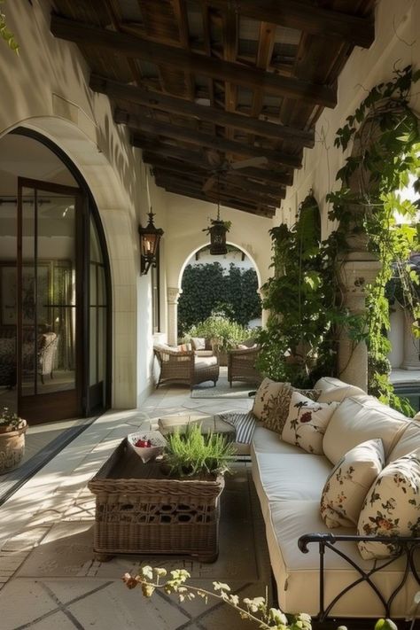 Mediterranean House Backyard, Mediterranean Style Outdoor Patios, Spanish Style Backyard, Mediterranean Patio Ideas, Closet Offices, Italian Patio, Calming Sound, Mediterranean Patio, Amazing Interior Design