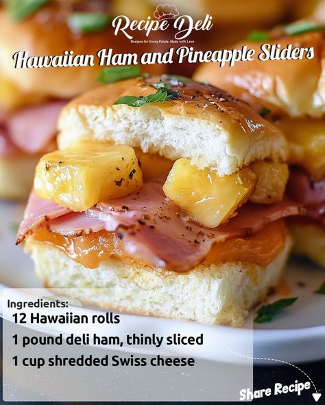 Recipe Deli Ham And Pineapple Sliders, Pineapple Sliders, Recipe Deli, Hawaiian Ham, Ham And Pineapple, Deli Ham, Deli Food, Hawaiian Rolls, Swiss Cheese