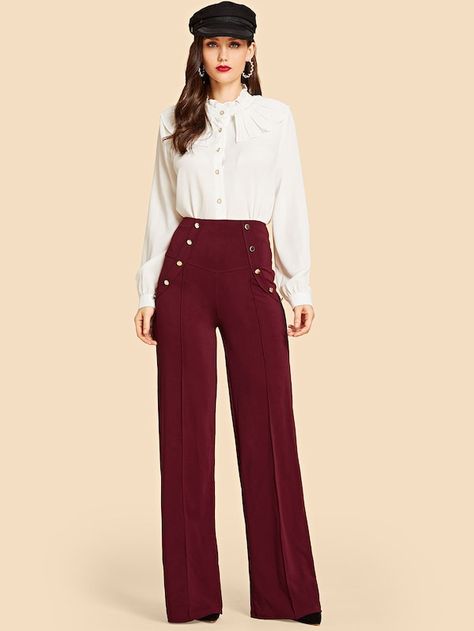 Maroon Wide Leg Pants Outfit, Maroon Trousers Outfits Women, Hongkong Outfit, Maroon Pants Outfit, Maroon Pants, Designer Brands Fashion, Flower Pants, Mid Waist Pants, Plain Pants