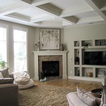 Family Room Designs With Fireplace, Kitty Corner Fireplace Living Rooms, Corner Fireplace With Built Ins On One Side, Built In Tv Wall Unit Next To Corner Fireplace, Living Room Built Ins Corner Fireplace, Built Ins Next To Corner Fireplace, Built In Shelves With Corner Fireplace, Corner Fireplace Surrounds, Corner Fireplace Rug Placement