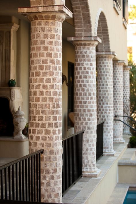 Round Brick Column Loggia with Brick Arches and Black Metal Railing Architectural Details TraditionalNeoclassical Tuscan Mediterranean Coastal French Provincial Porch Portico by Island Architects Diy Porch Railing, Porch Stair Railing, Patio Railing Ideas, Black Metal Railing, Aluminum Porch Railing, Front Porch Railing Ideas, Porch Railing Ideas, Brick Arches, Porch Railing Designs